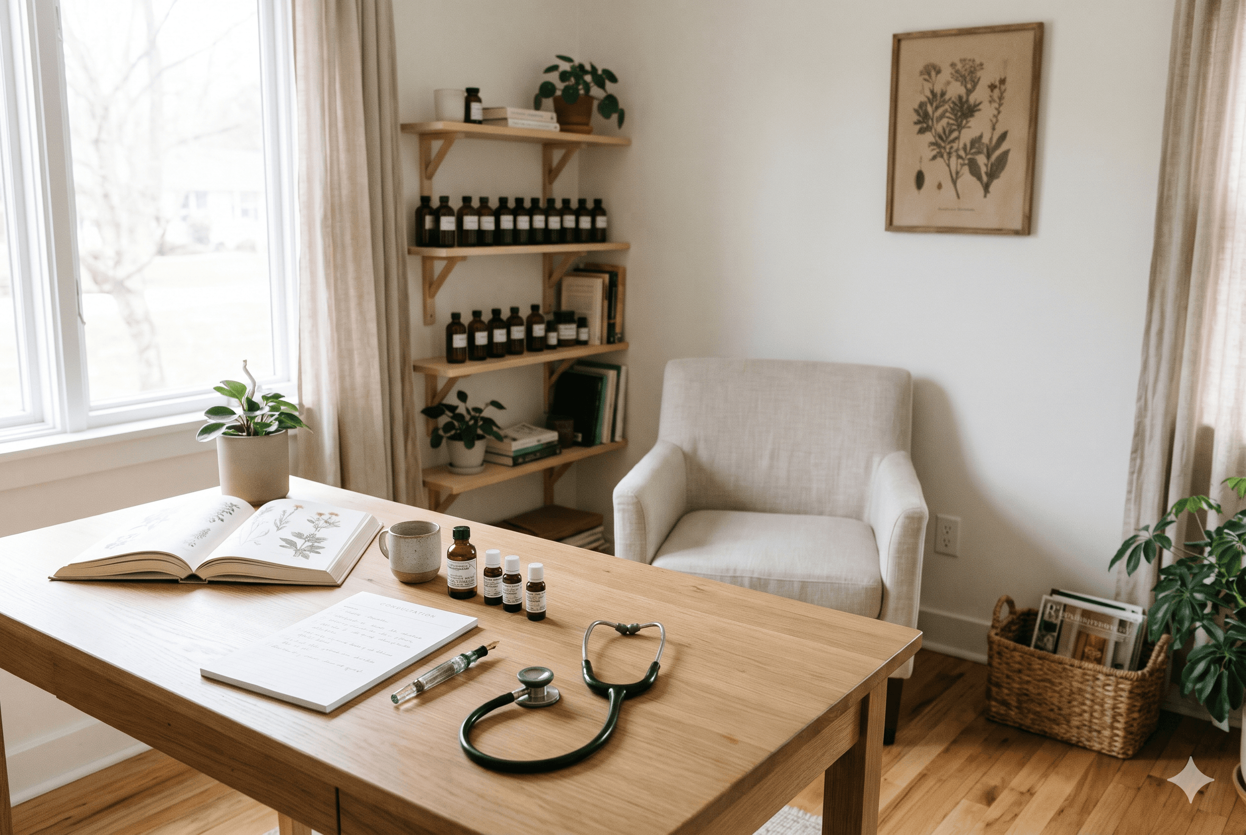 Homoeopathic clinic desk with remedies and botanical notebook