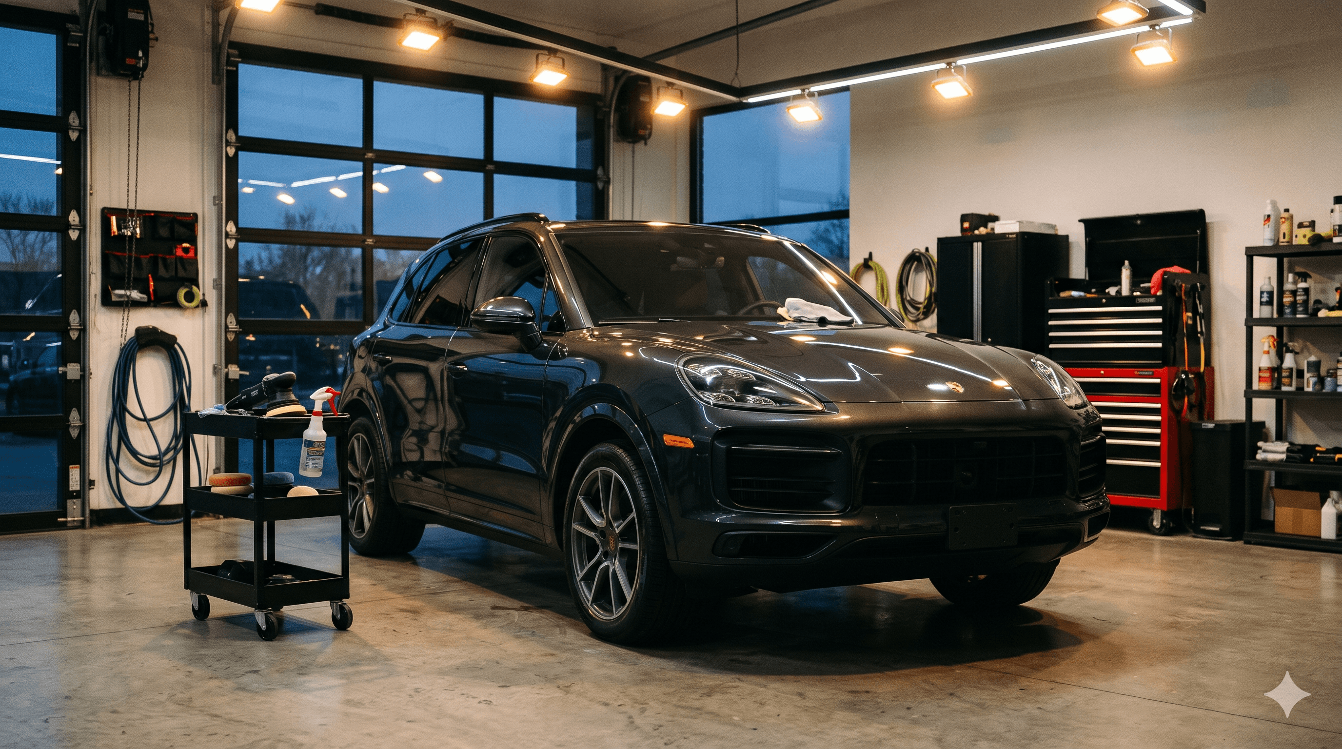 Unity Motors workshop bay with a vehicle being detailed
