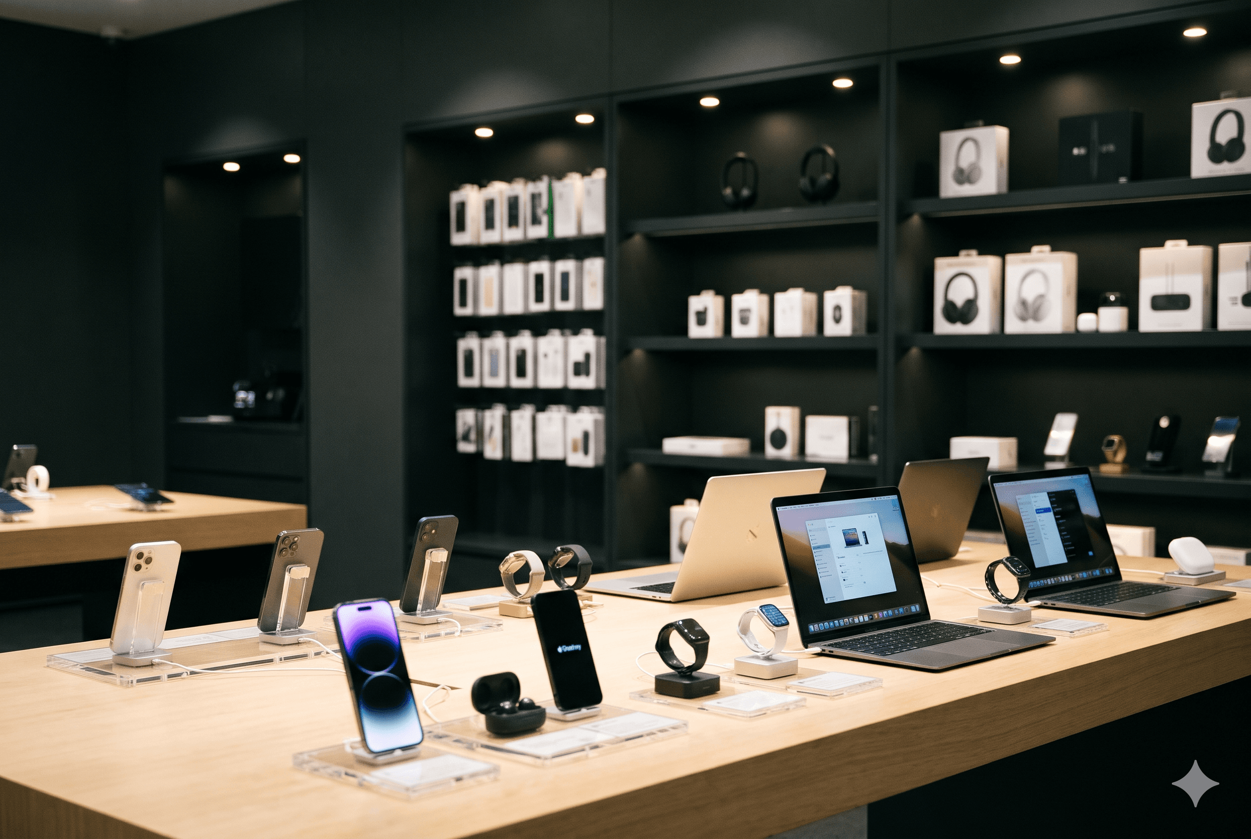 Unity Tech retail counter with phones, laptops, and accessories